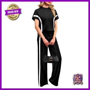 Women's Side Slit Lounge Set Wide Leg Tracksuit Mock Neck 2 Piece S-3XL